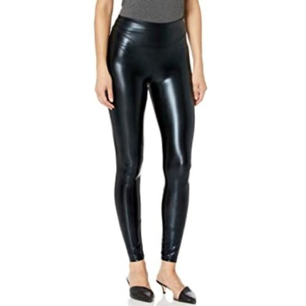 NEW in Pkg HUE Black Body Gloss Liquid Finish Leggings Size XL Moto Faux Leather